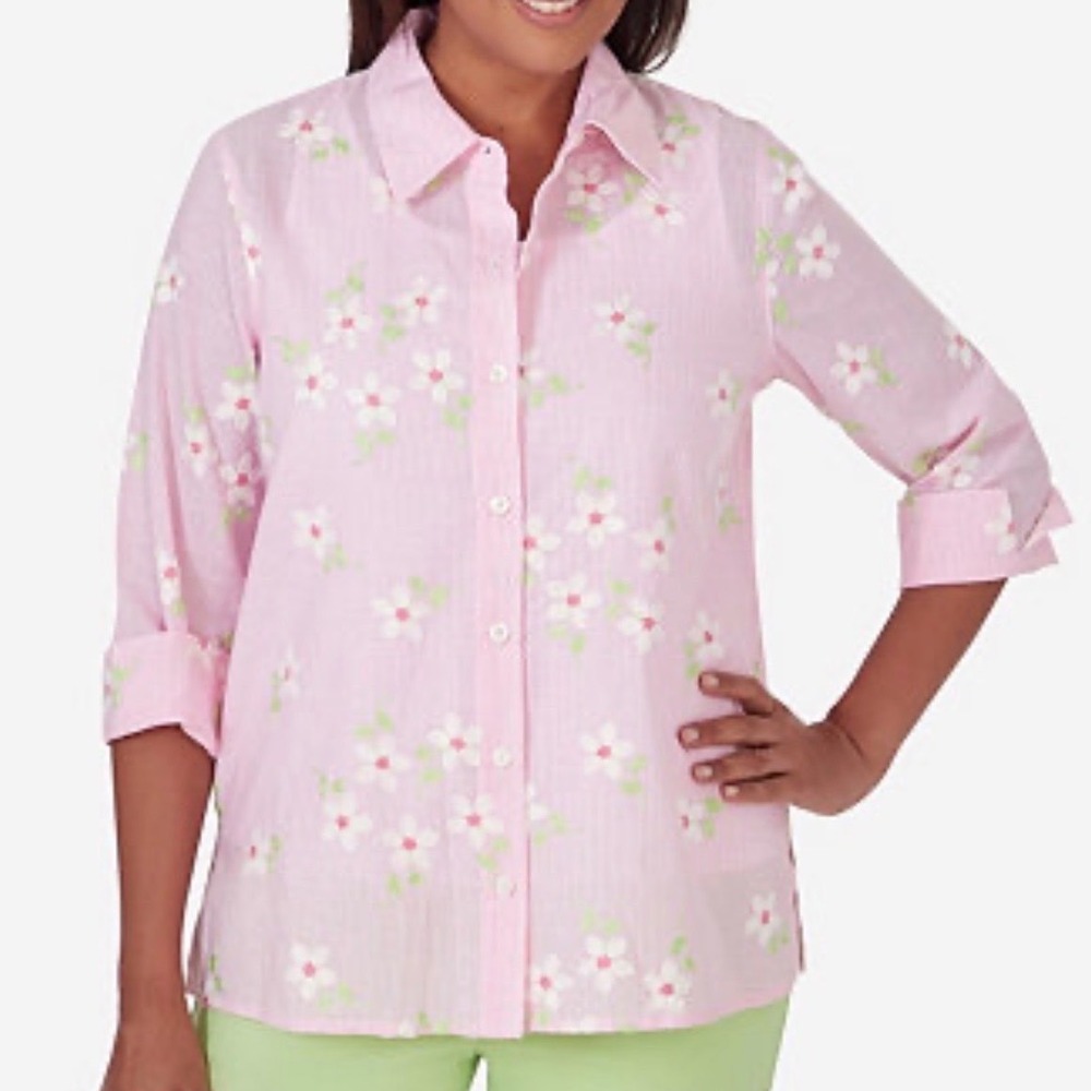 Alfred Dunner Woman 3X Pink Pinstripe Floral Embroidered 3/4 Sleeve Blouse Top